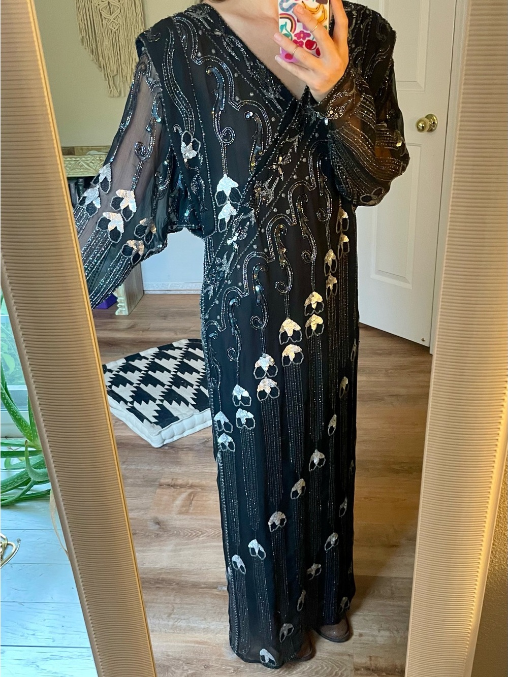 Vintage Black Beaded V-Neck Evening Dress 100% Silk